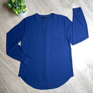RO & DE Dark Blue Collared V-Neck Long Sleeve Blouse